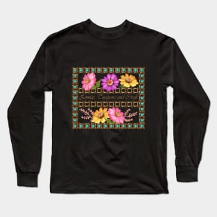 Flowers Zinnias, Turquoise, and Coral - Vintage Long Sleeve T-Shirt